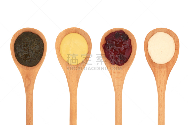 多样,开胃酱,果冻,水平画幅,木制,无人,木匙,白色背景,背景分离,开胃品