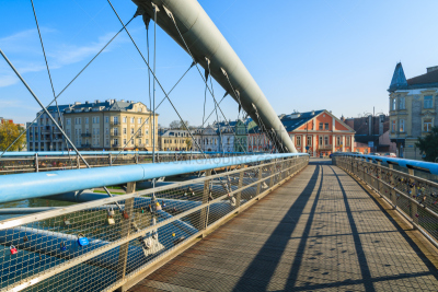 Bernatka bridge over Vistula river on sunny autumn day in city of Krakow, Poland