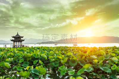 西湖,杭州,亭台楼阁,远古的,黄昏,游乐园,水,天空,夜晚,古老的