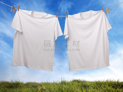 晒衣绳,t恤,白色,空白的,圆领口,洗衣服,悬挂的,短袖,正面视角,天空