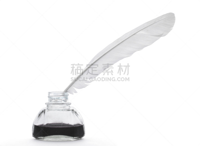油墨缸,鹅毛笔,水平画幅,书法,无人,墨水,古典式,白色背景,粗糙的,过时的