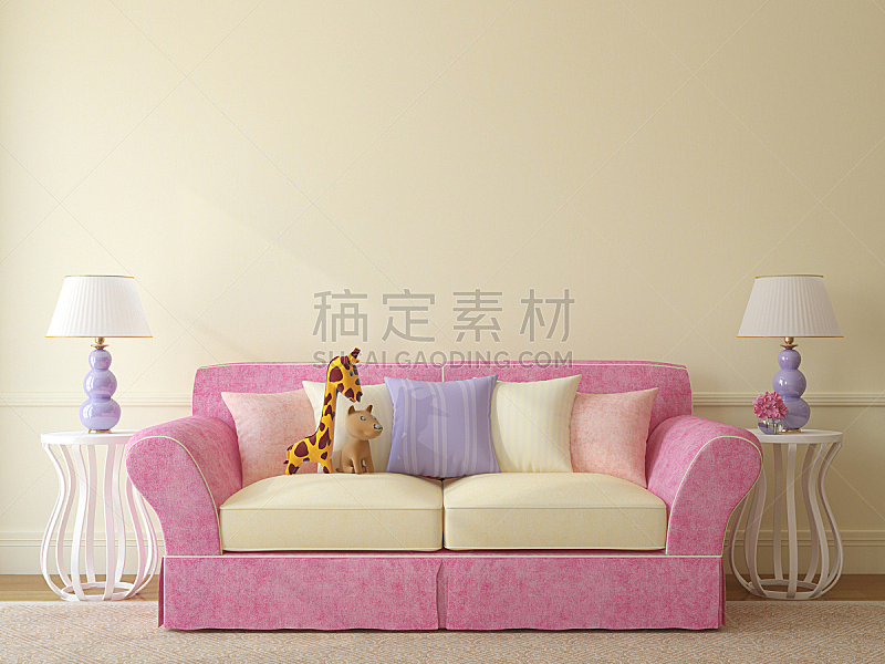 沙发,粉色,动物,玩具,组物体,正面视角,水平画幅,形状,无人,地毯