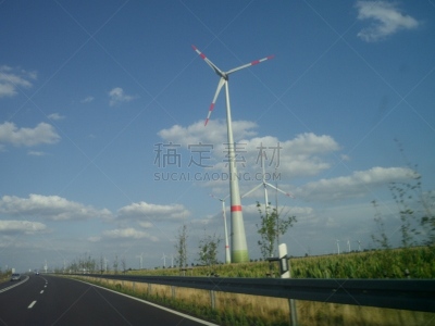 公路,涡轮,电,风车,田地,小麦,农作物,云景,日光,农业