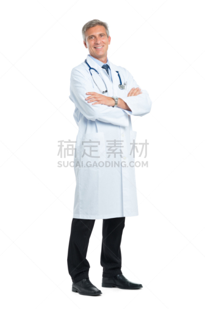 幸福,中老年人,全身像,自鸣得意的,白人,骄傲,背景分离,双臂交叉,白色背景