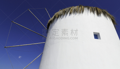 米克诺斯岛,希腊,白色,风车,蓝色,麦克诺斯港口,机动车背后视角,麦克诺斯镇,传统风车,茅屋屋顶