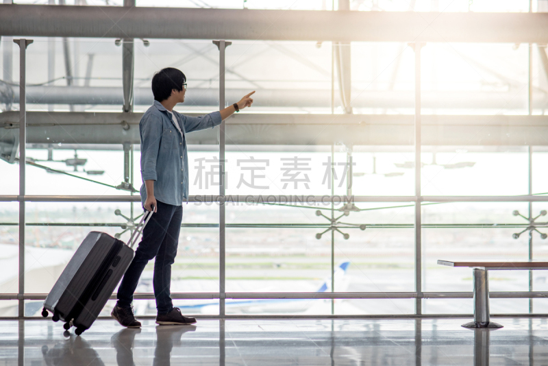 青年人,手提箱,机场,男人,行李,等,座舱,亚洲,行李车,旅行者