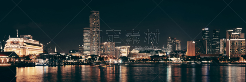 新加坡,城市天际线,滨海湾 ,水平画幅,建筑,夜晚,无人,全景,黄昏,户外