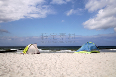 夏天,海滩,防风设备,蓝色,帐篷,天空,风,度假胜地,水平画幅,高视角