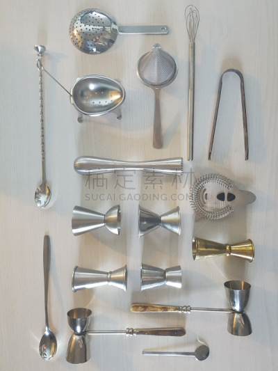 设备用品,调酒师,平铺,水平画幅,过滤勺,无人,饮料,金属,白色,搅拌钵