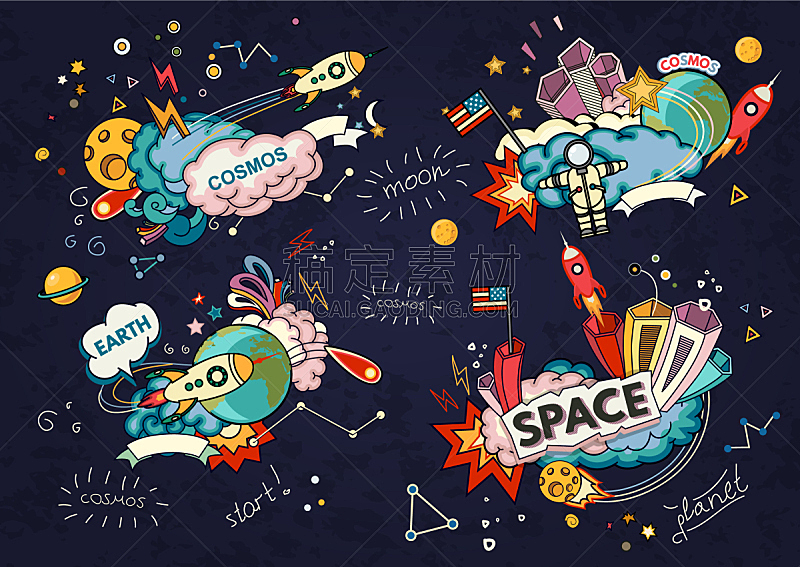 太空,绘画插图,卡通,矢量,天空,星系,纹理效果,宇航员,夜晚,月亮