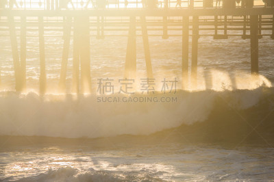 波浪,码头,雷东多比奇,水边,加利福尼亚,曙暮光,黄昏,鸟类,海岸线,阴影