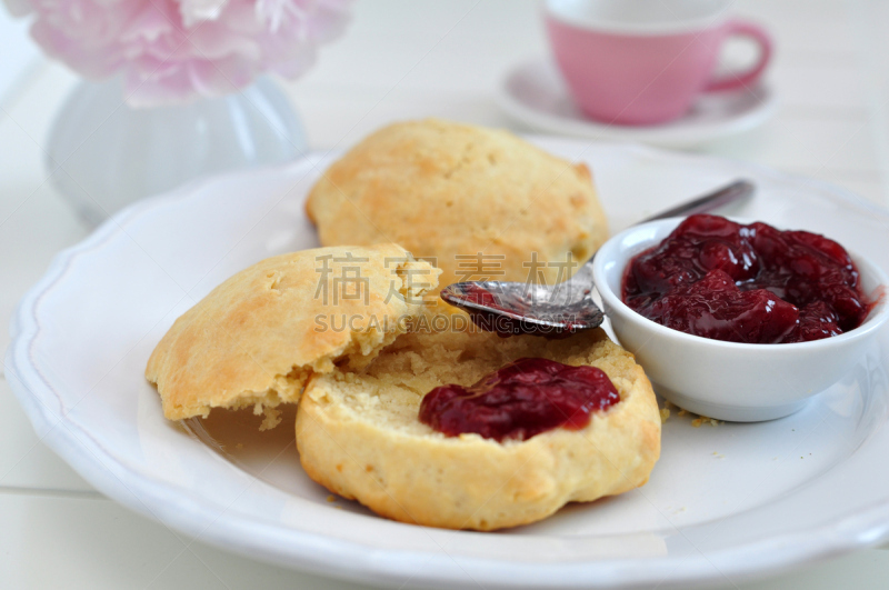 英格兰,烤饼,草莓酱,奶油,餐具,饼干,水平画幅,草莓油酥脆饼,无人,烘焙