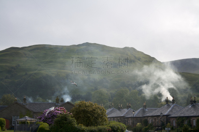 宁静,乡村,都市风光,露台别墅,连栋房屋,留白,水平画幅,山,无人,古典式