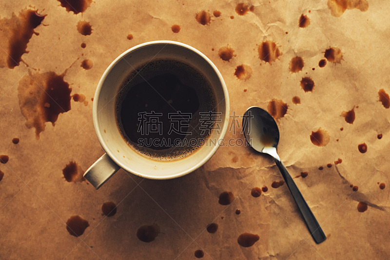 咖啡杯,汤匙,饮料,湿,杯,有污迹的,肮脏的,玷污的,凌乱,黑咖啡