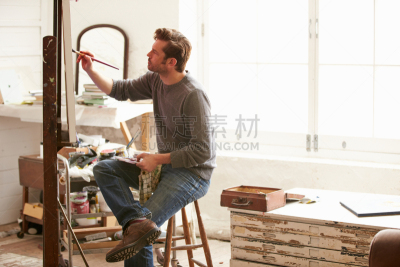 艺术家,男性,工作室,艺术,水平画幅,白人,画笔,仅男人,仅成年人,知识