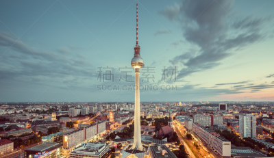 无线电通信塔,城市天际线,柏林,全景,亚历山大广场,名声,天空,夜晚,古典式,曙暮光