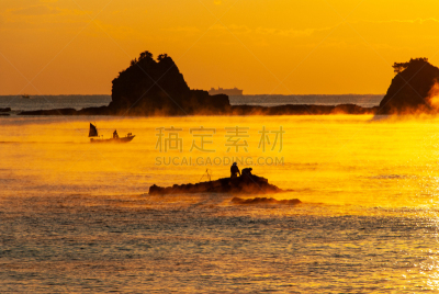 早晨,深海鮟鱇,太阳,照亮,渔船,自然,和歌山县,季节,图像,海洋
