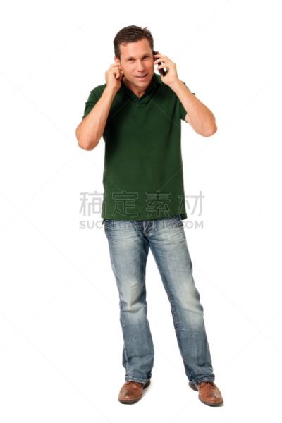 白色背景,电话机,男商人,分离着色,人,仅一个男人,休闲装,白人,手机,工作