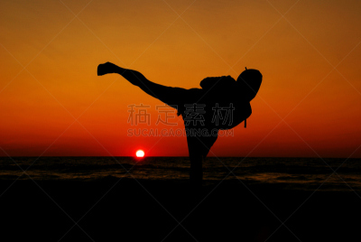 武术,空手道,运动,海滩,水平画幅,2015年,户外,高踢腿,日落,摄影