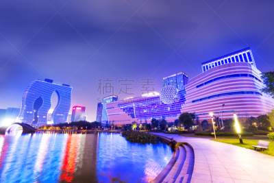 杭州,现代,办公大楼,办公室,水平画幅,夜晚,无人,户外,滨水,都市风景