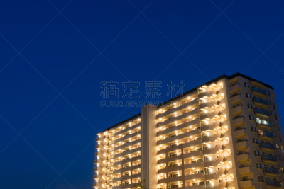 日本,公寓,室内过夜,天空,留白,城镇景观,水平画幅,夜晚,无人,曙暮光