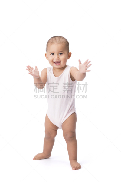 站起来,婴儿,6到11个月,垂直画幅,留白,四肢,仅婴儿,白色,纯洁,女婴