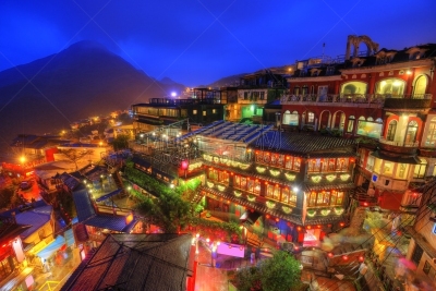 九份,茶馆,水平画幅,山,夜晚,无人,古老的,古典式,曙暮光,户外