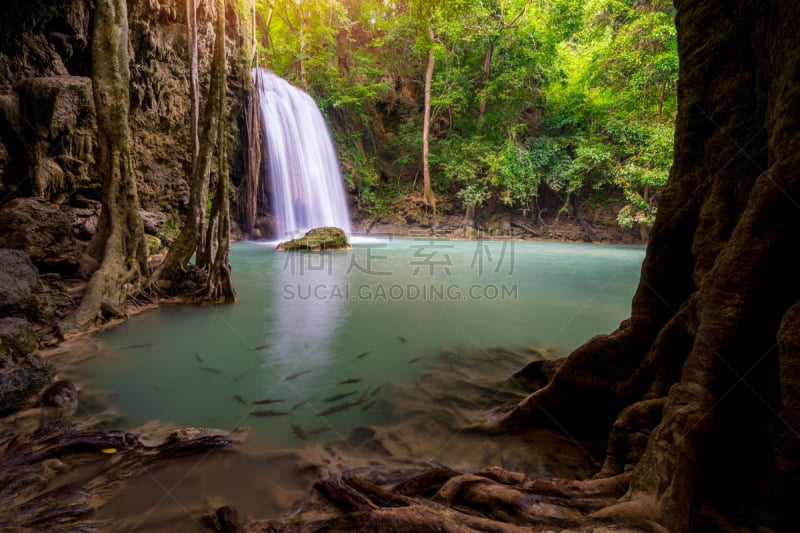 Amazing beautiful waterfalls level three in tropical forest at Erawan Waterfall in Erawan National Park, Kanchanaburi Province, Thailand