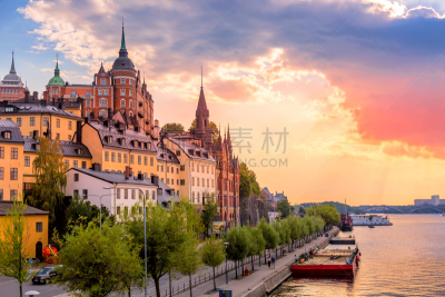 瑞典,斯德哥尔摩,夏天,天空,建筑,都市风景,南区,风景,色彩鲜艳,日落