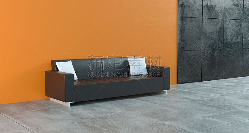 沙发,空的,黑色,极简构图,概念,三维图形,住宅房间,皮革,橙色,高对比度