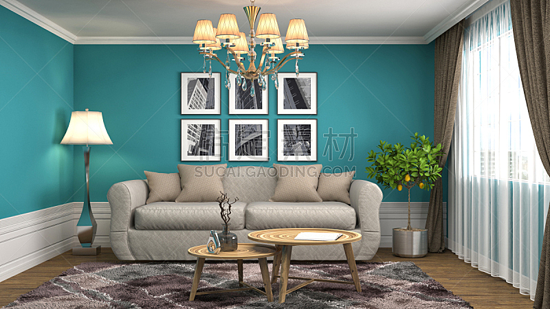沙发,室内,绘画插图,三维图形,住宅房间,水平画幅,墙,无人,蓝色,装饰物