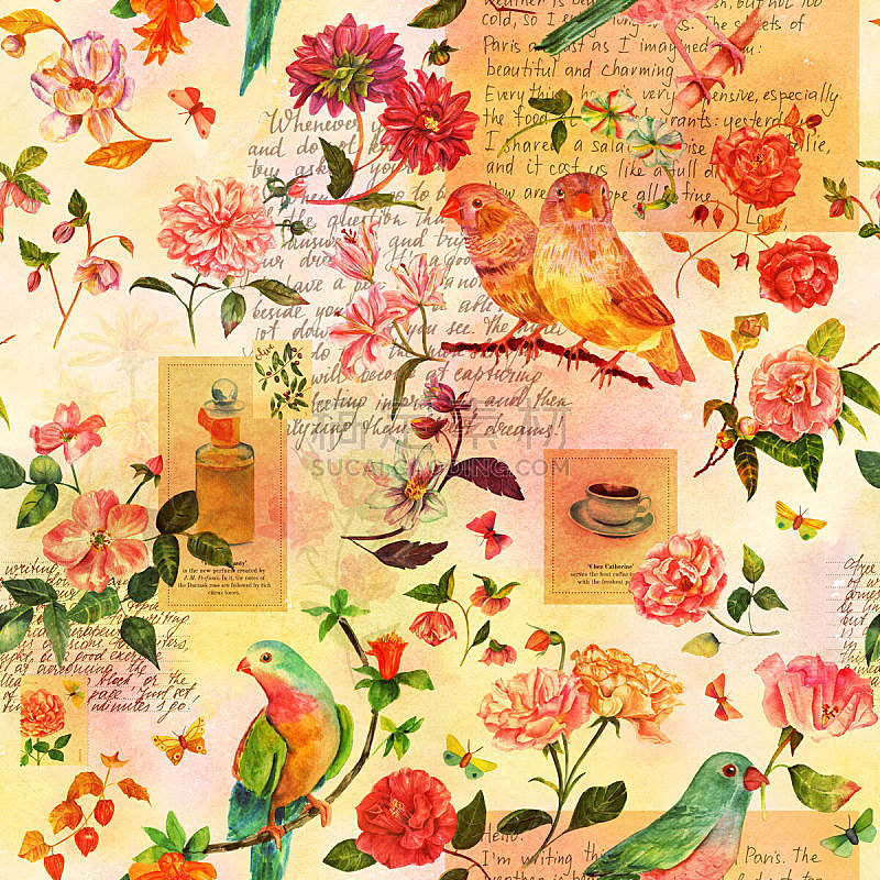 蝴蝶,鸟类,四方连续纹样,抽象拼贴画,酸浆属,茶花,维多利亚女王时代风格,大丽花属,香水