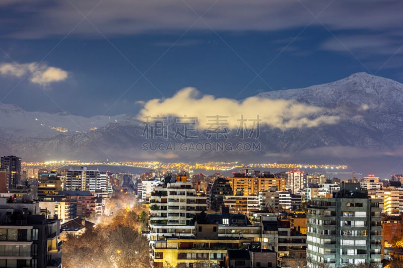 夜晚,雪,非凡的,都市风景,智利,安地斯山脉,全景,城市天际线,山脉,圣地亚哥德古巴