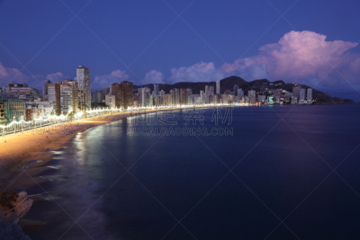 夜晚,贝尼东,西班牙,城市天际线,度假胜地,水平画幅,无人,曙暮光,户外,海滩