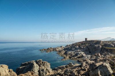 热那亚人,塔,科西嘉,岩石海岸线,水,天空,水平画幅,形状,无人,古老的