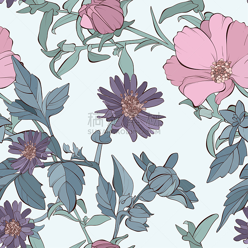 大丽花属,四方连续纹样,茶味玫瑰,紫苑,矢量,野花,茶,玫瑰,华丽的,打印单据