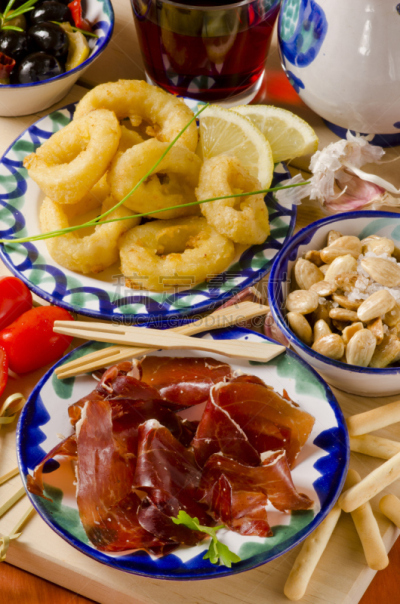 餐前小吃,多样,食品,盘子,海蚌,塞拉诺火腿,垂直画幅,图像聚焦技术,选择对焦,饮食