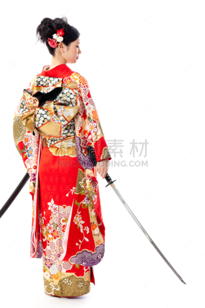 长袖和服,注视镜头,女人,衣服,亚洲,分离着色,白色,簪子,日本武士刀,和服腰带