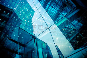 现代,办公大楼,玻璃,办公楼外观,钢化玻璃,摩天大楼,蓝色玻璃,蓝色背景,全球商务,正下方视角