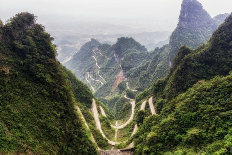 蜿蜒,天门山,马歇尔爱普尔怀特,山路,美,水平画幅,无人,户外,山,中国