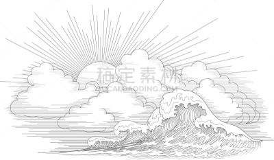 波浪,背景,油涂料印刷品,蚀刻版画,水,天空,艺术,无人,绘画插图