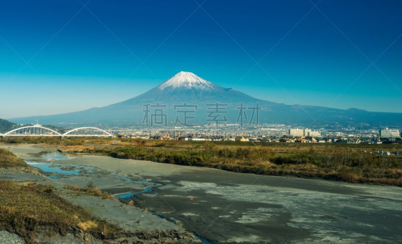 富士山,静冈县,山,河流,东海道,天空,美,里山,水平画幅,雪