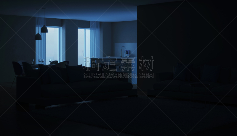 现代,三维图形,厨房,房屋,室内,蓝色,夜晚,抽油烟机,窗帘,舒服