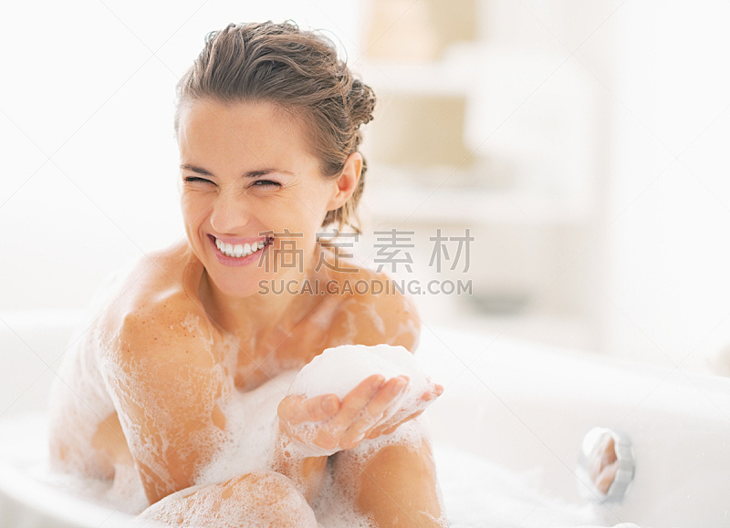 肥皂泡,浴盆,进行中,青年女人,浴室,女人,水,留白,水平画幅
