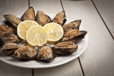 地中海美食,塞满了的,贻贝,餐具,水平画幅,软体动物,开胃品,海产,西红柿,柠檬
