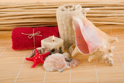 个人随身用品,公共浴室,天然海棉,水平画幅,spa美容,影棚拍摄,毛巾,红色,蜡烛,健康水疗