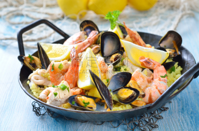 西班牙海鲜饭,迷迭香米,斑节对虾,粳米,食用大虾,水平画幅,贻贝,无人,膳食,海产