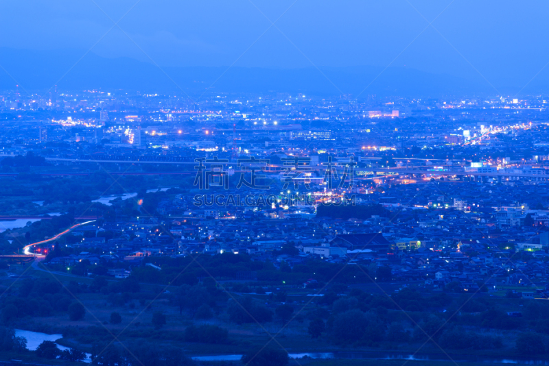 黄昏,长野城,天空,美,城镇景观,信浓川,水平画幅,高视角,长野县,无人