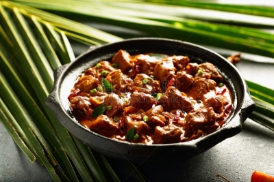 咖喱粉,肉汁,烤的,蔬菜,暗色,配方,香料,红笛鲷,餐具