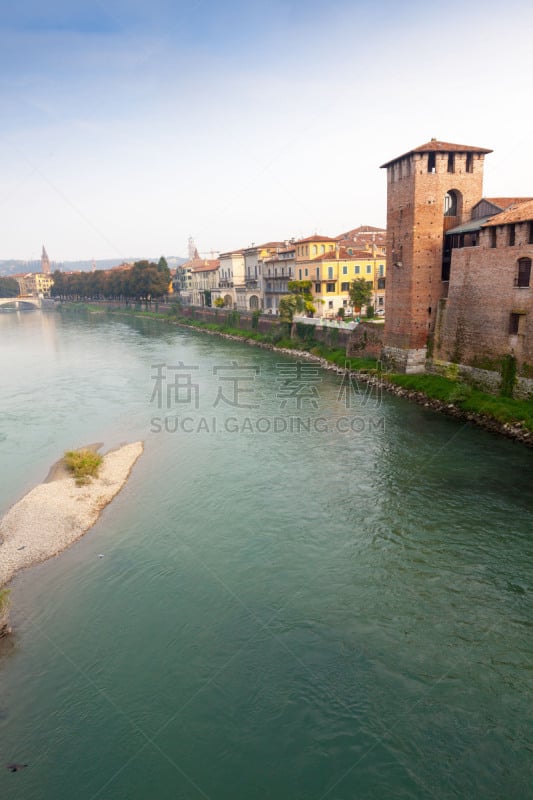 Verona, Italy,Adige River and medieval stone bridge Ponte Scaligero